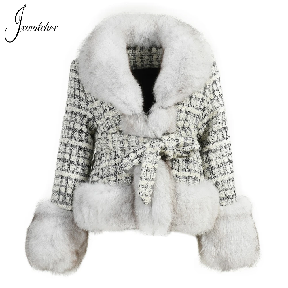 Jxwatcher Woman Winter Cashmere Coat Luxury Real Fox Fur Trim Ladies Short Wool Coats 2022 New Style Cropped Warm Fashion Autumn