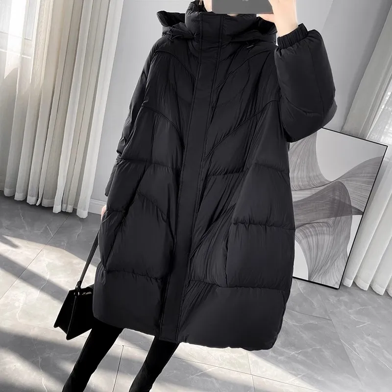 Black Hooded Down Jacket Women Winter 2024 New Korean Version Loose 90White duck down Coat Female Thicken Parkas Casual Overcoat