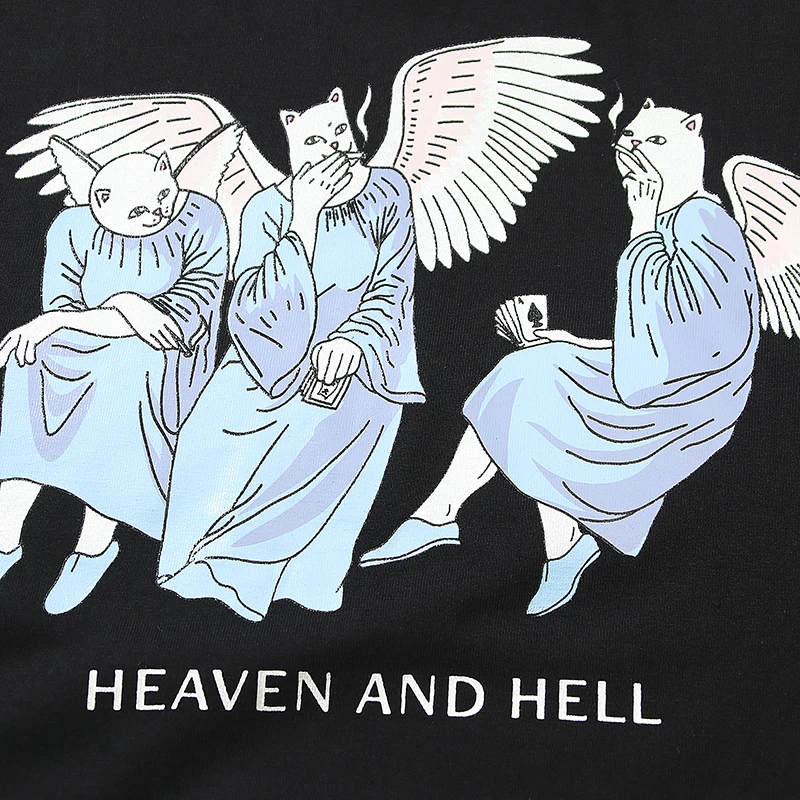 2024 Summer Men's and Women's Cheap Cat Middle Finger Cat Heaven and Hell T-Shirt Flat Print Short Sleeve Crew Neck T-Shirt