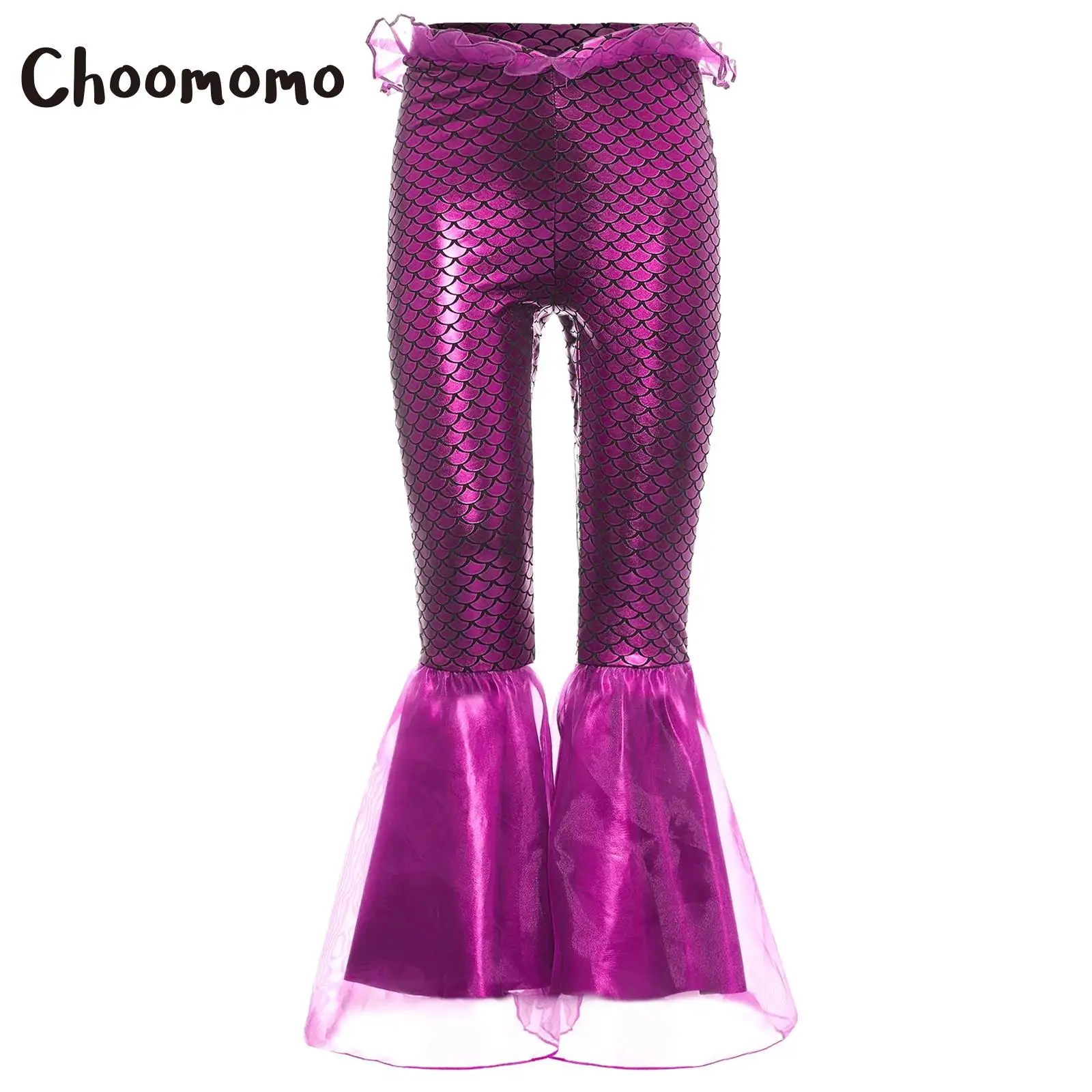 

Kids Girls Elastic Waist Mermaid Cosplay Costume Halloween Carnival Pants Ruffle Flared Fish Scales Print Bell Bottom Trousers