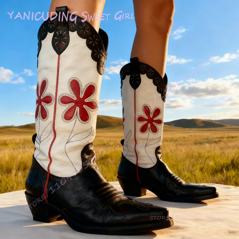 Sepatu Bot Denim Vintage Motif Bunga Wanita Kulit Hitam Putih Hak Rendah Sepatu Bot Setinggi Lutut Ujung Runcing Gaya Keren Jahitan Grafiti