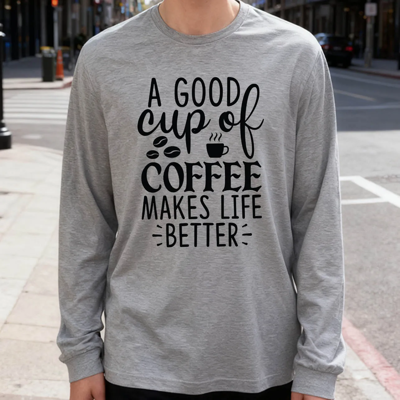 

Coffee Makes Life Better Men's Long Sleeve T-Shirt 180g 100% Cotton Printed Crew Neck Casual Daily Wear Soft and Breathable