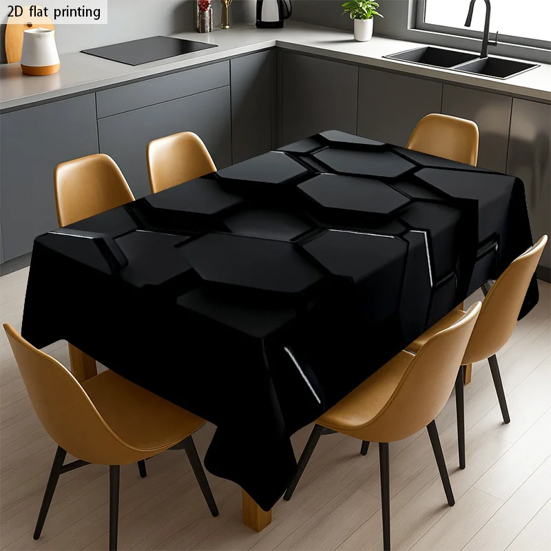 Modern 3D Tile Tablecloth Dark Hexagon Geometric Pattern Tablecover for Dinner Table, Holiday Party & Dining Decor