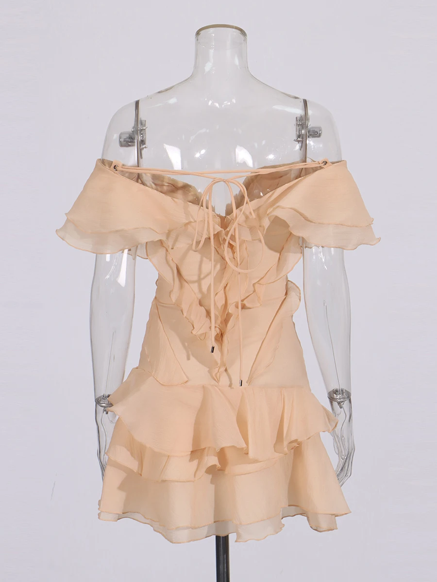 CHICEVER Sexy Spliced Ruffles Mini Dress for Women Slash Neck Off The Shoulder High Waist Temperament Club Dresses Female New