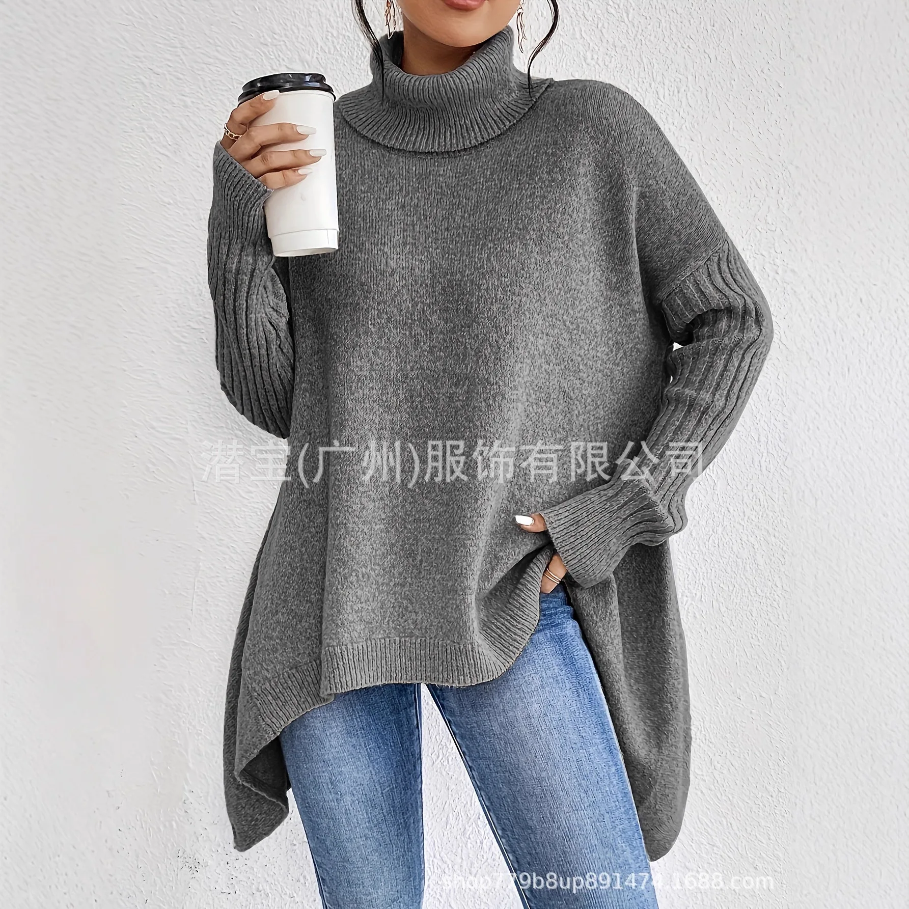 

New Women's Turtleneck Long-sleeved Loose Irregular Fashion Top High Street Solid Color Casual Simple Versatile Pullover
