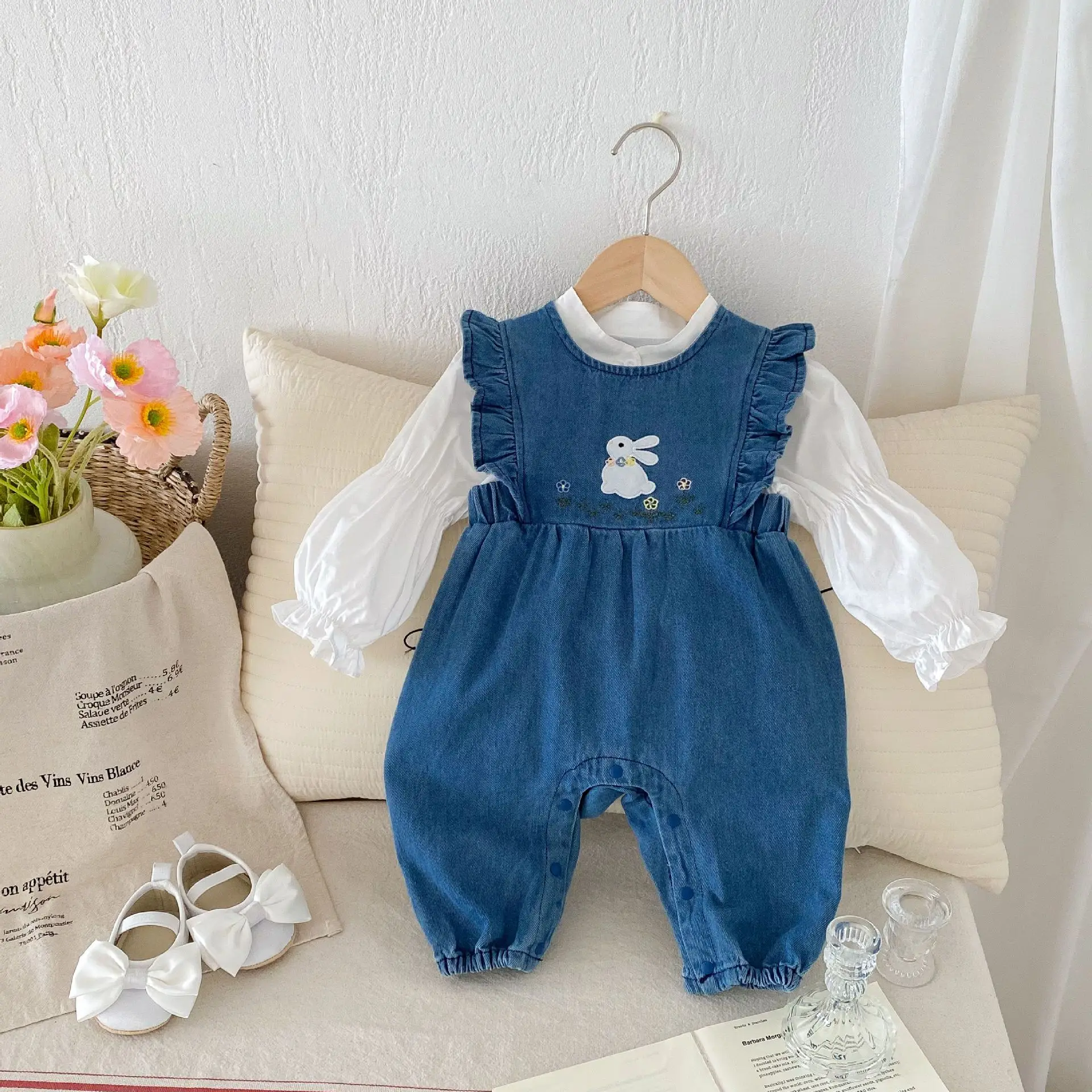 MILANCEL ﻿Baby Solid Color Denim Rompers 0-2Y Baby Girls Cute Bunny Flying Sleeve Jumpsuit 2024 Autumn Toddler Clothing