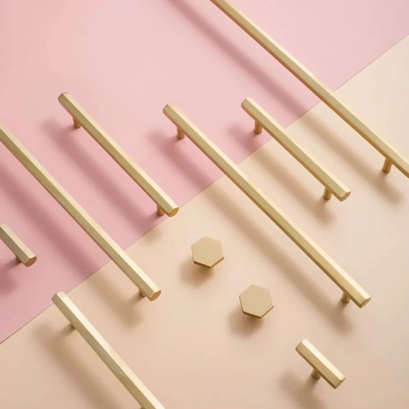 Gold Solid Brass Hexagon Knob T Bar Cabinet Pull for Wardrobe Cupboard Kitchen Room Longer Dresser Handle Furniture Hardware