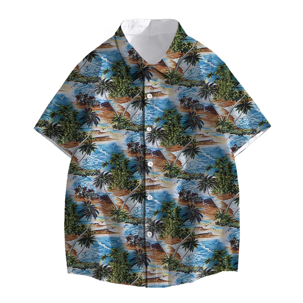 SONSPEE Dense Pattern Beach Coconut Tree 3D Print Harajuku Hawaii Shirt Men Women Seabirds Hip Hop Oversize Short Sleeve Blouse