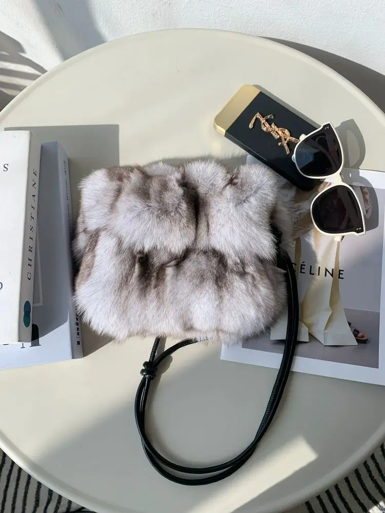 Imported Fox Hair Blue Fox Natural Small Square Bag Silver Fox Hair Bag Women\'s High Extreme True Fur Grass Oblique Straddle Sho