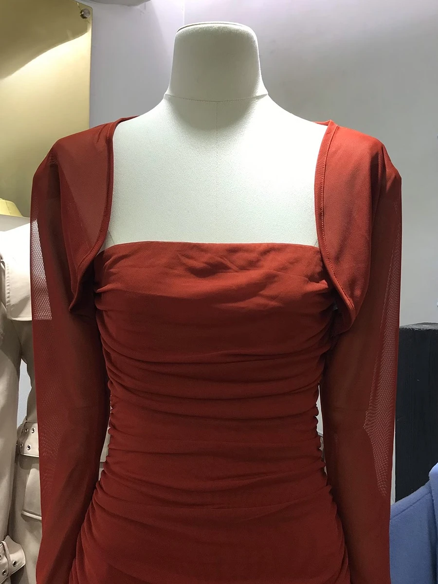 VGH Sexy Red Color Sheer Mesh Long Dress for Women Square Collar Long Sleeve High Waist Folds Evening Formal Gown Female Fashion