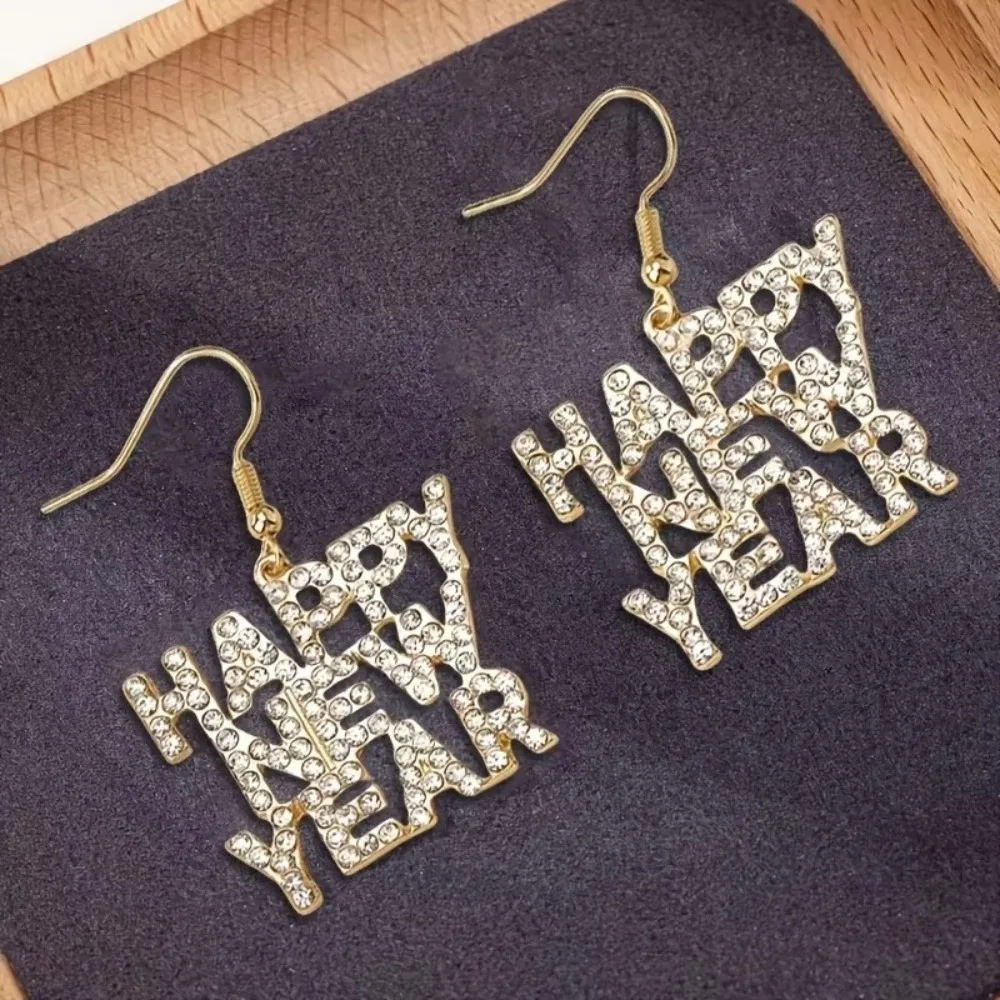 1 Pair Elegant New Year Earrings Gold/Silver Metal Inlaid Dangling Earrings Shining HAPPER NEW YEAR Letter Earrings for Women