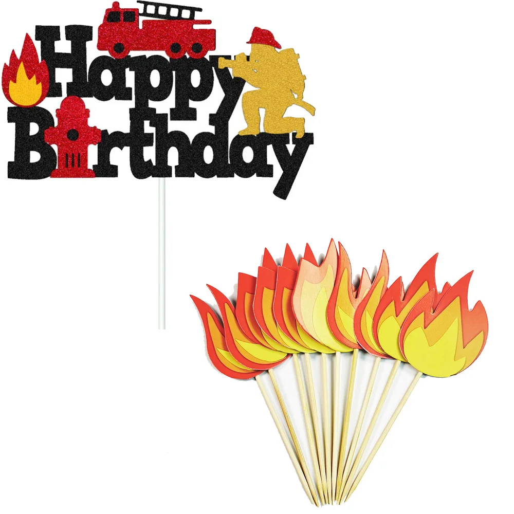 Fire Truck Party Cake Decoration Happy Birthday Cake Topper Fire Shaped Cupcake Topper Little Firefighter Birthday Party Favors