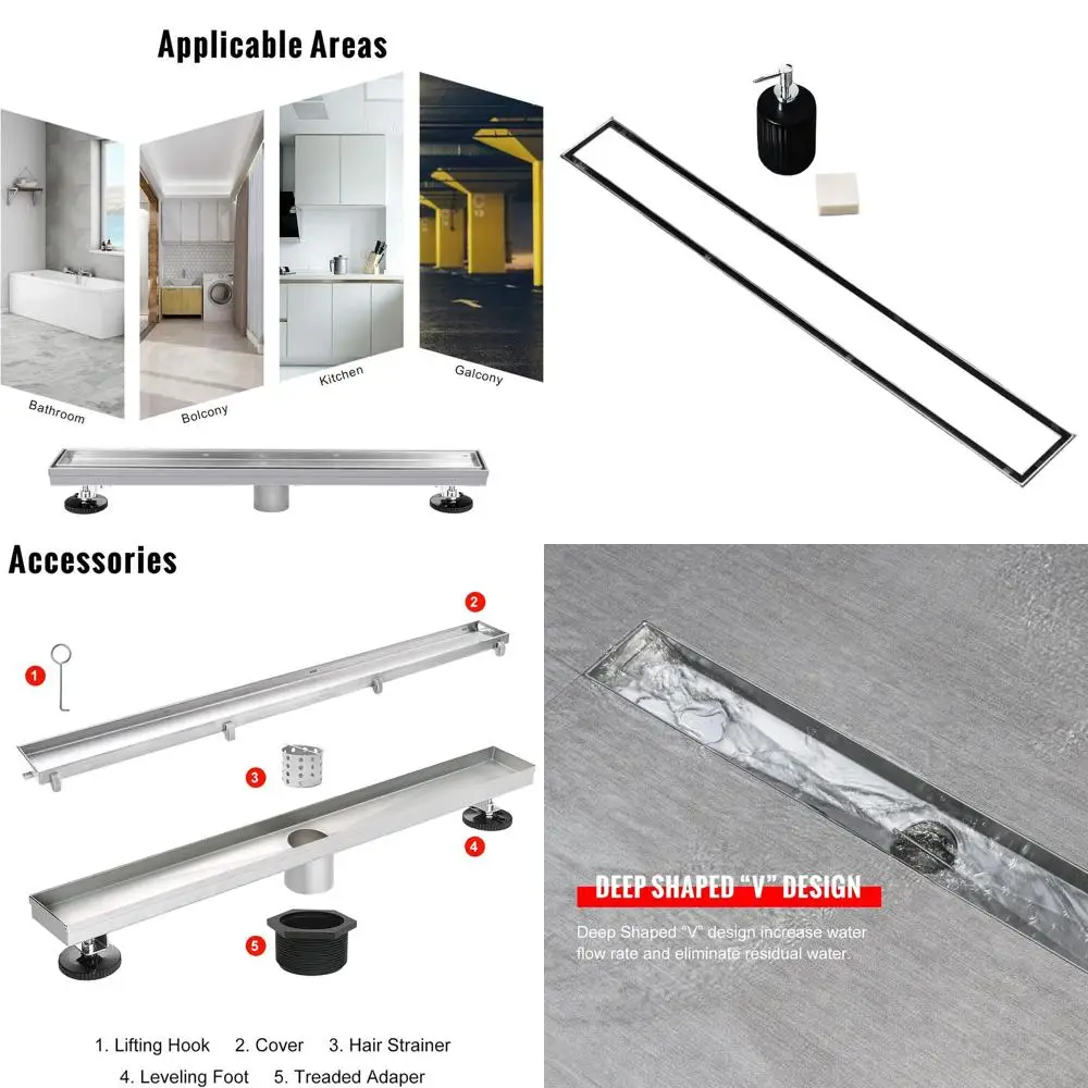 48 Inch Brushed Stainless Steel Linear Shower Drain with Tile Insert and Latch Cover, Including Leveling Feet and Hair Strainer