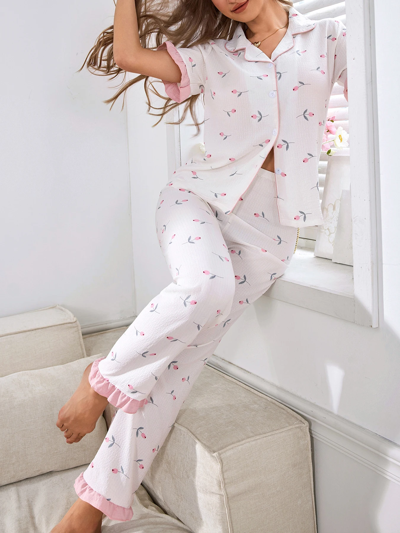 Frühling Sommer Herbst Winter Damen 2-teiliger süßer rosa Tulpenmuster fließende Bluse Kurzarmhose Homewear Schlafanzug