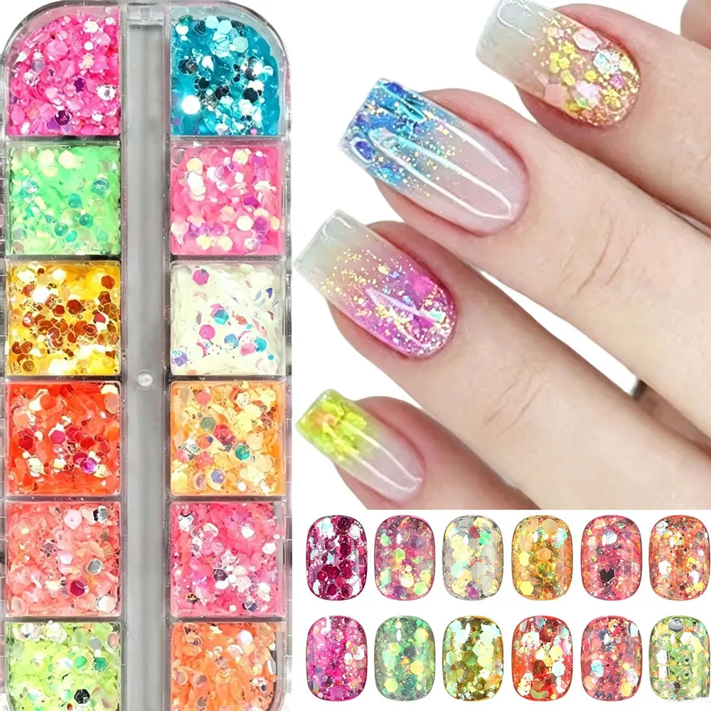 12grids Chameleon Holographic Mermaid Nail Art Sequins 3D Hexagon Chunky Glitter Nail Powder 12Colors Shiny Paillettes Decor E0.