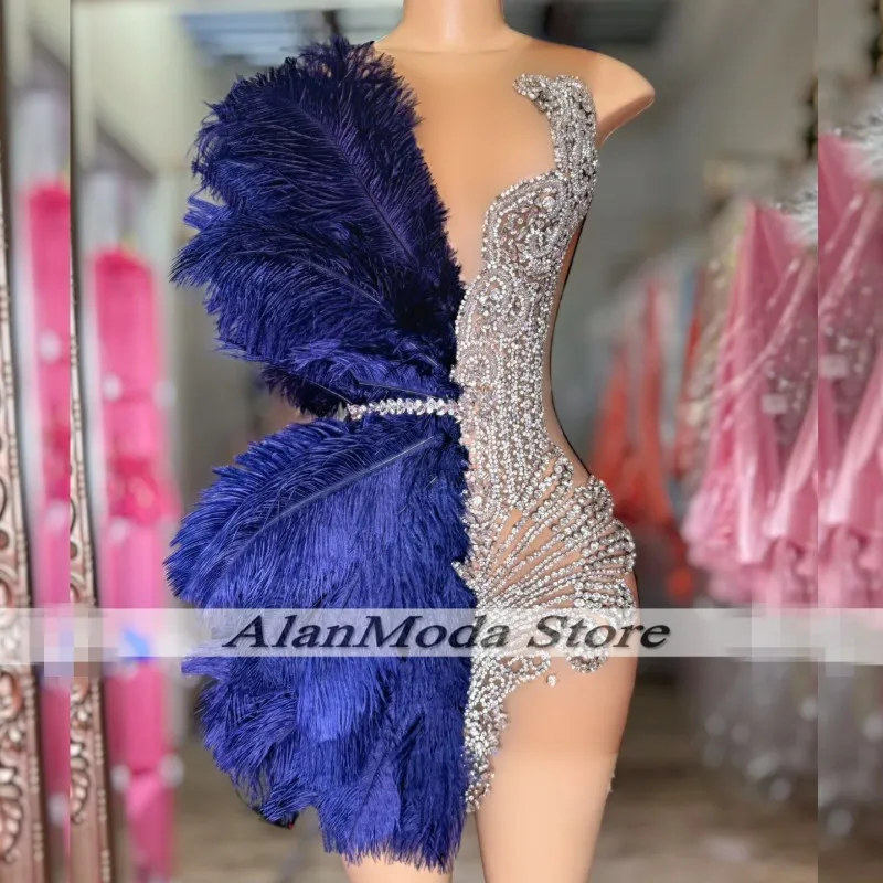 Shiiny Navy Blue Birthday Dress 2025 Crytsal Diamond Short Prom Gowns Feathers Vestidos De Graduación Customized Party Outfits