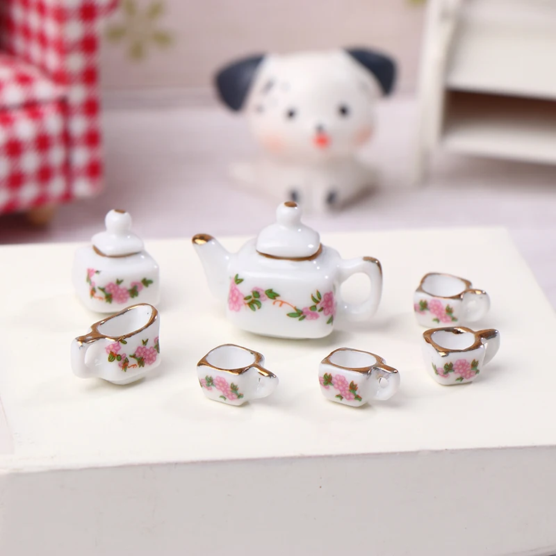 1Set 1:12 Dollhouse Miniature Ceramics Teapot Tea Set Mini Ceramic Kungfu Tea Set Kettle Cup Tableware Model Kitchen Decor Toys