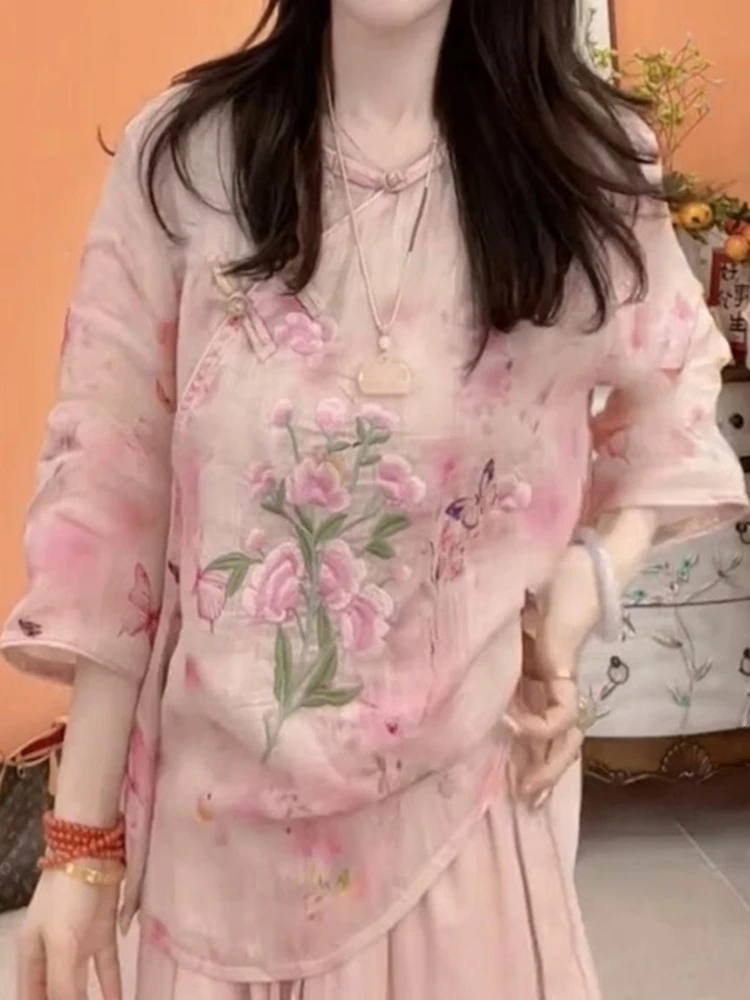 New Chinese Sle Embroidered Cotton Linen Women's irt Summer 2025 Loose Fit Printed Top Zen Tea Costume Fem  Silk