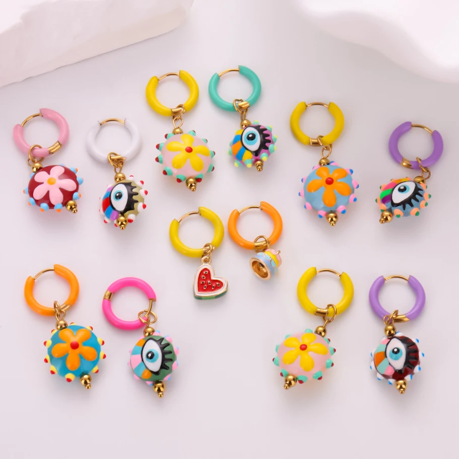 1Pair Trendy Multicolor Murano Glass Flower Aesthetic Y2K Girl Chic Aretes Vintage Turkish Lucky Evil Eye Hoop Earrings Jewelry