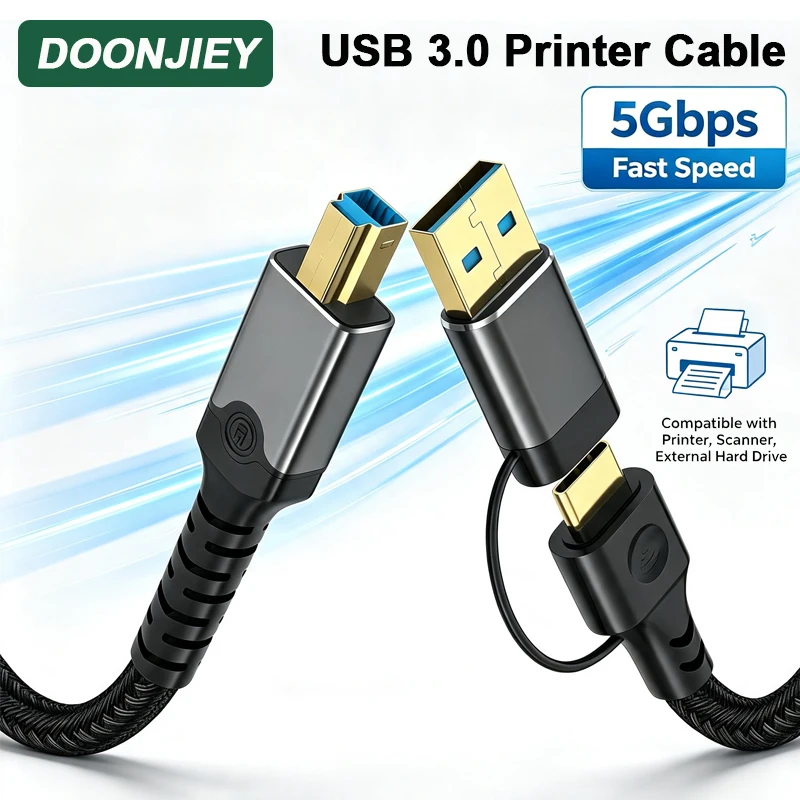 DOONJIEY USB 3.0 Printer Cable 2 in 1 5Gbps USB-A/C to B Male Sync Data Cable for Canon Epson HP ZJiang Label USB Printer Cord