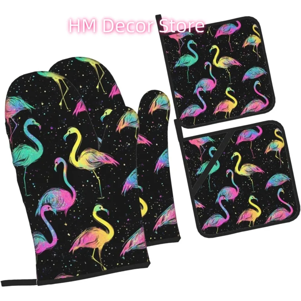 Glittery Flamingo Oven Mitts and Pot Holders Sets of 4, Spring Country Heat Resistant Oven Mitts,Non-Slip Cooking Gloves for Kit