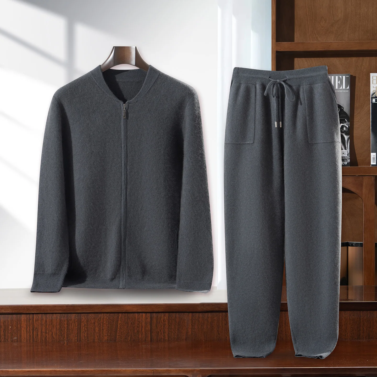 100% Cashmere Cardigan Set Men's Autumn Winter O-neck Zipper Thick Jacket Wide Leg Pants Loose Knitted Two-piece Suit High-end