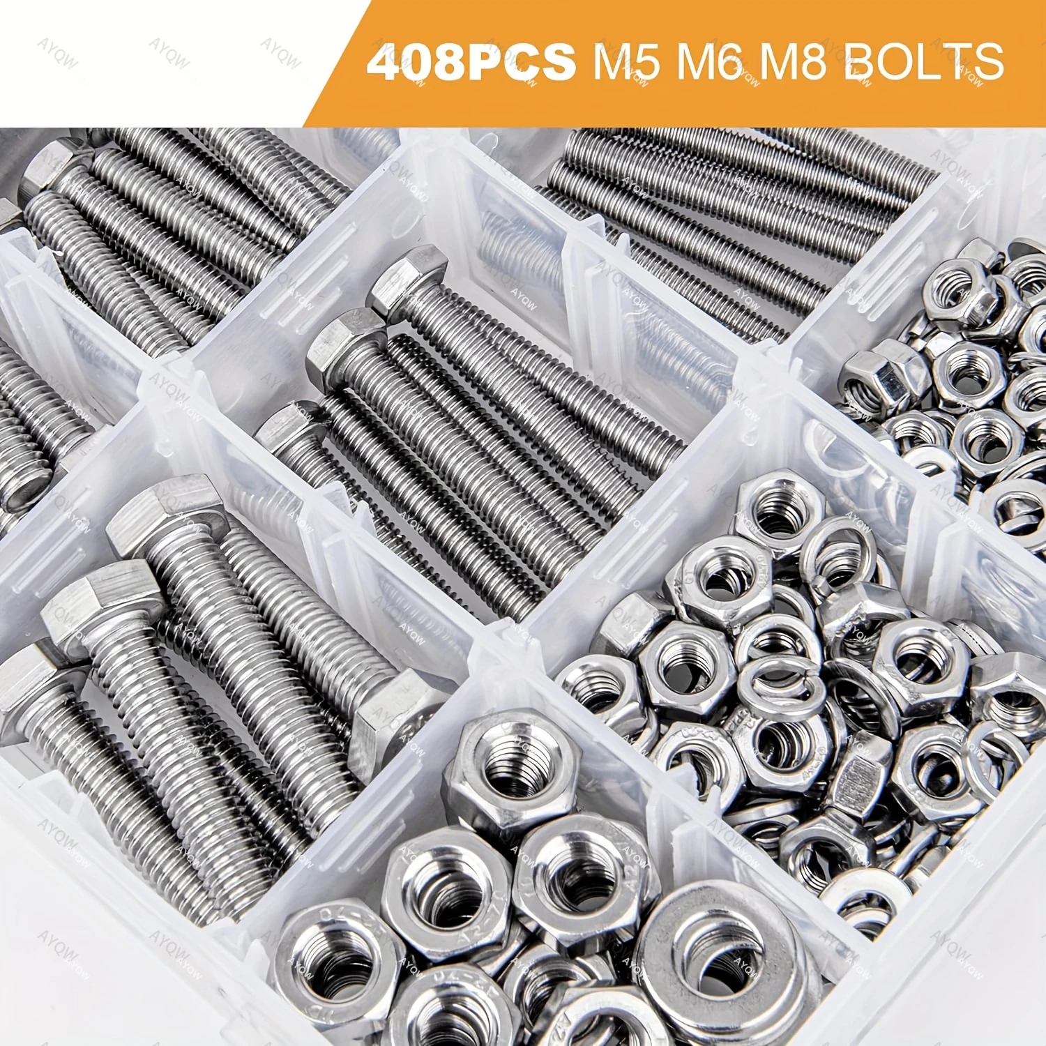 408-teiliges M5 M6 M8-Schrauben- und Muttern-Kombinationsset, metrisches Sechskant-Schraubenmutter-Unterlegscheiben-Set aus Edelstahl 304, vollständig mit Gewinde