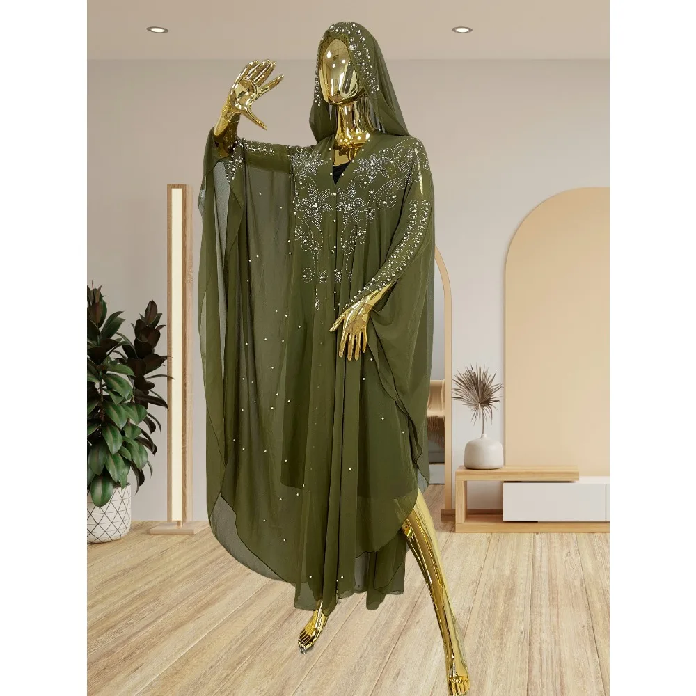 Элегантное африканское женское шифоновое праздничное платье Дубай с жемчугом и бриллиантами, с капюшоном, Абая, мусульманское платье с рукавами «летучая мышь», открытое кимоно Boubou, марокко, кафтан