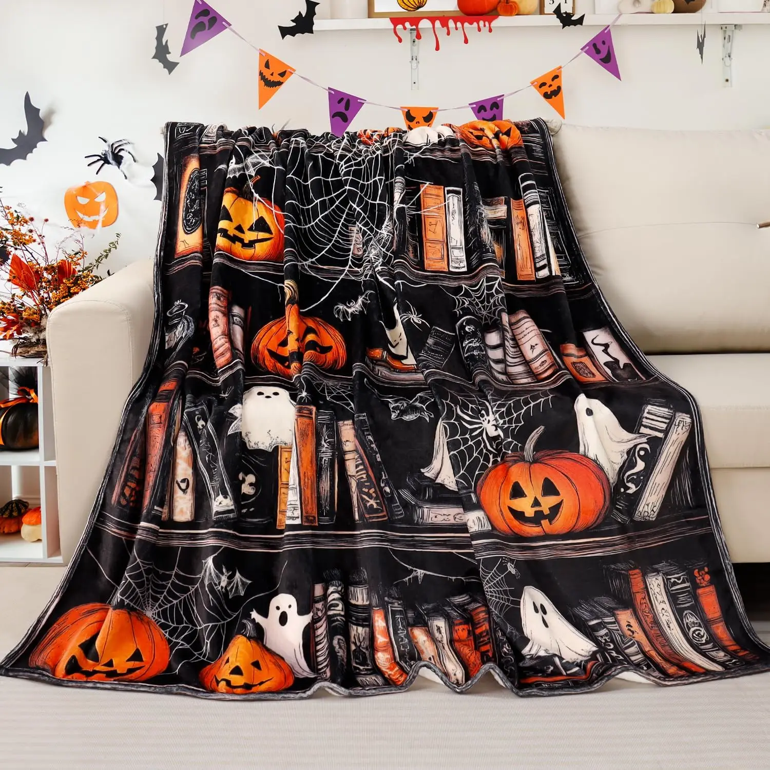Halloween Blanket Gothic Ghost Bookshelf Throw Blanket for Book Lovers Pumpkin Spider Web Fleece Throw Blankets Super Soft Warm Cozy Flannel Blankets for Couch Sofa Bed 50