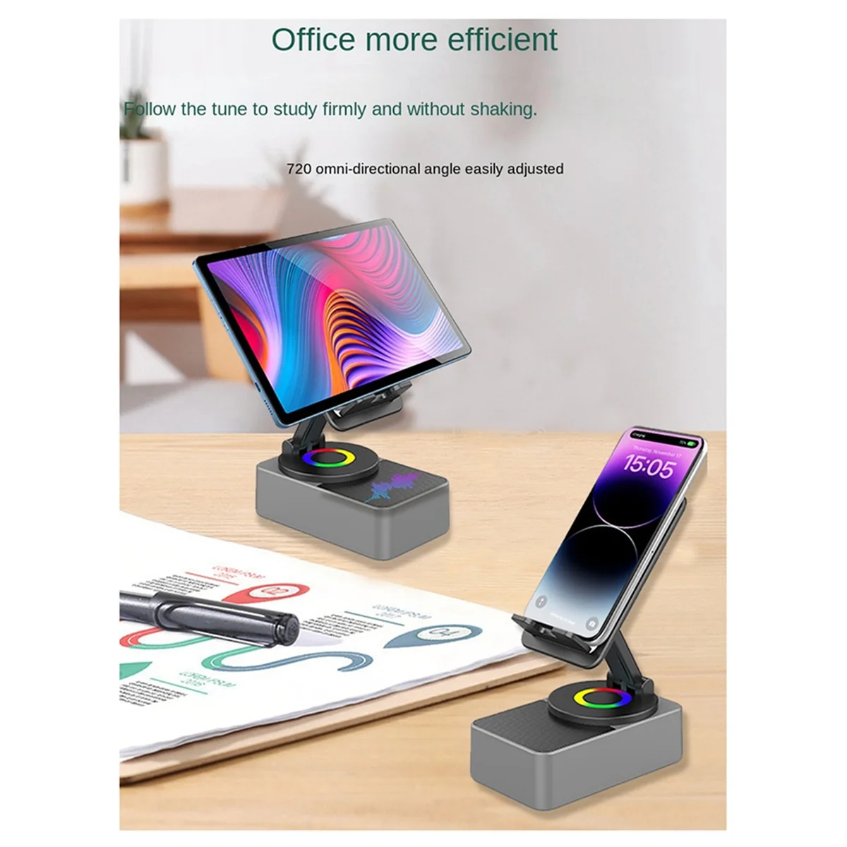 AT42 昇降および回転スリーインワン携帯電話ホルダー Bluetooth スピーカー Bluetooth スピーカー付き携帯電話ホルダー グレー