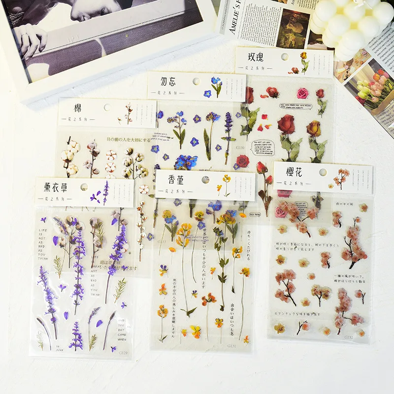 Cheap Kawaii Stationery PET Stickers Flower Series of Small Fresh Plant Handbook DIY Shaped Decorative Material Stickers