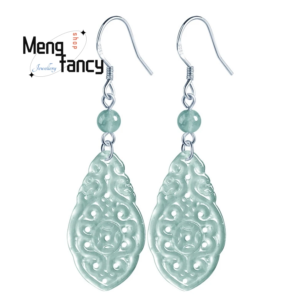 Natural A-Grade Jade Blue Water Double Dragon Hollowed-Out Earrings S925 Silver Ice Type Jade Earrings Ancient-Style Earrings