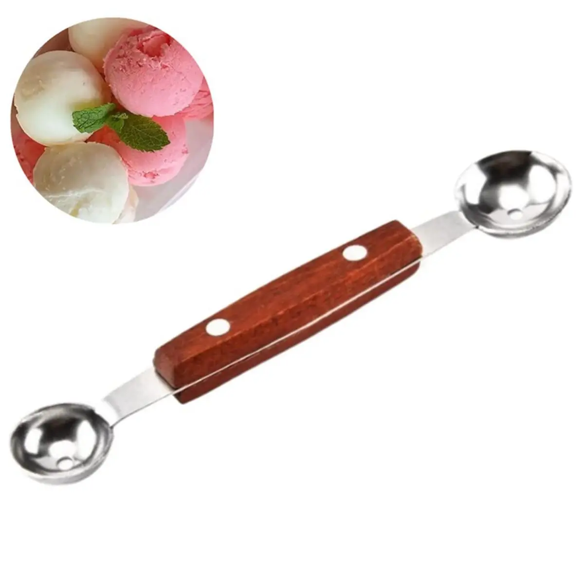 Double-Sided Fruit Melon Baller Spoon with Wood Handle, 2 in 1 Stainless Steel Scoop 18cm Fruit Scoop(2 Pack)