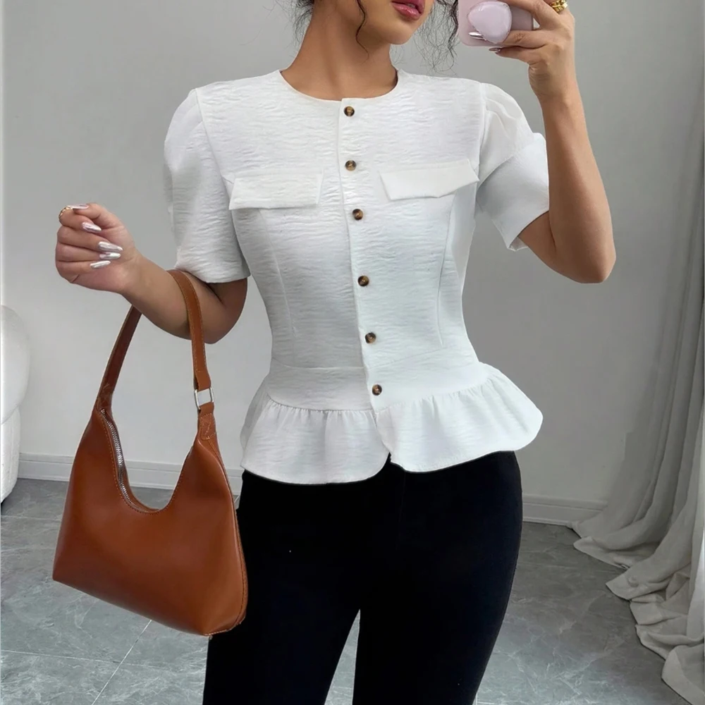 

Women's Blouse Spring Summer White Round Neck Button Front Puff Short Sleeve Peplum Hem Casual Office Top