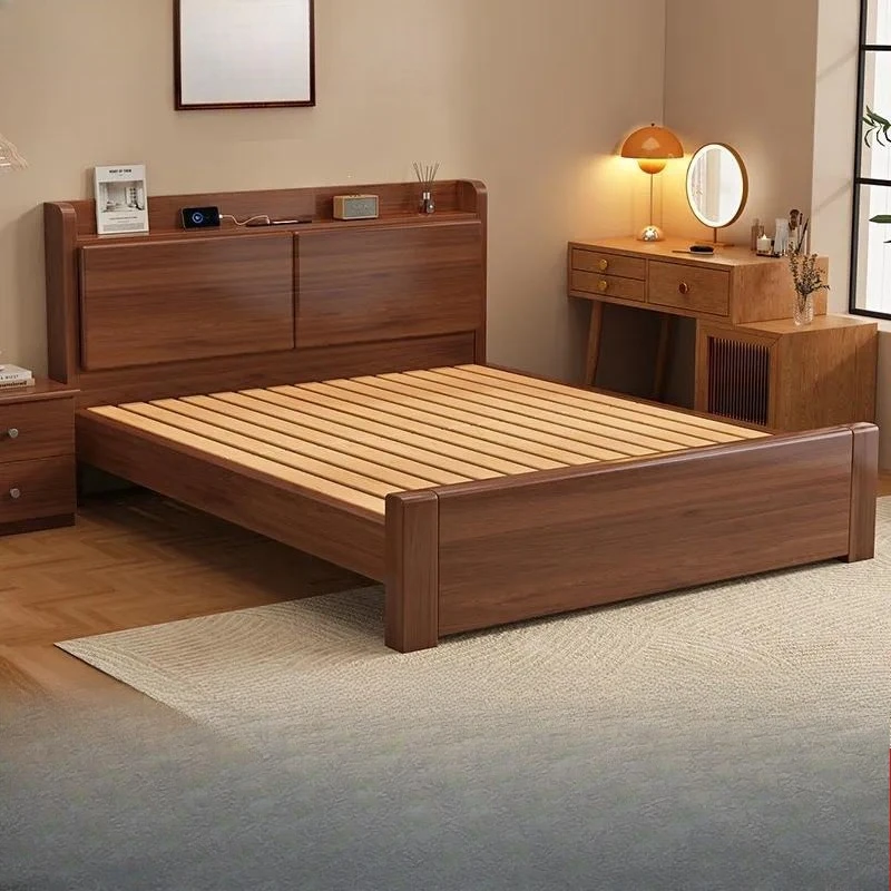 Solid Wood Bed Frame Modern Simple Design 1.8m Double Bed for Master Bedroom 1.2m Single Pine Bed for Rental House