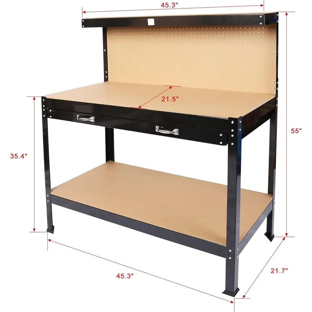 63 Banco de trabajo resistente con tablero perforado, cajón y capacidad de 300 lb: perfecto para talleres y garajes