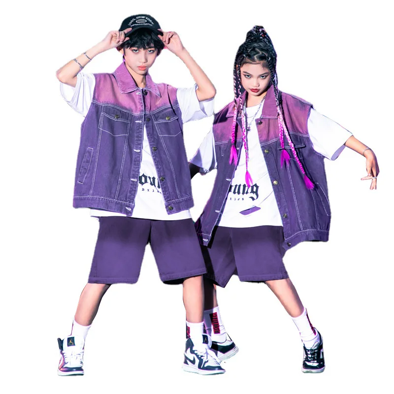 kids-boys-girls-streetwear-fashion-hip-hop-loose-denim-vest-shorts-sets-children-suits-stage-jazz-dance-costume-tracksuits