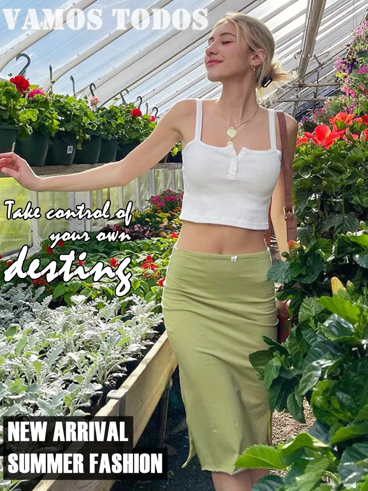 Solid Light Green Skirts Womens Fashion Clothing Edible Tree Fungus Bow Decor Streetwear Wrap Y2k Skirt Side Split Mujer Faldas