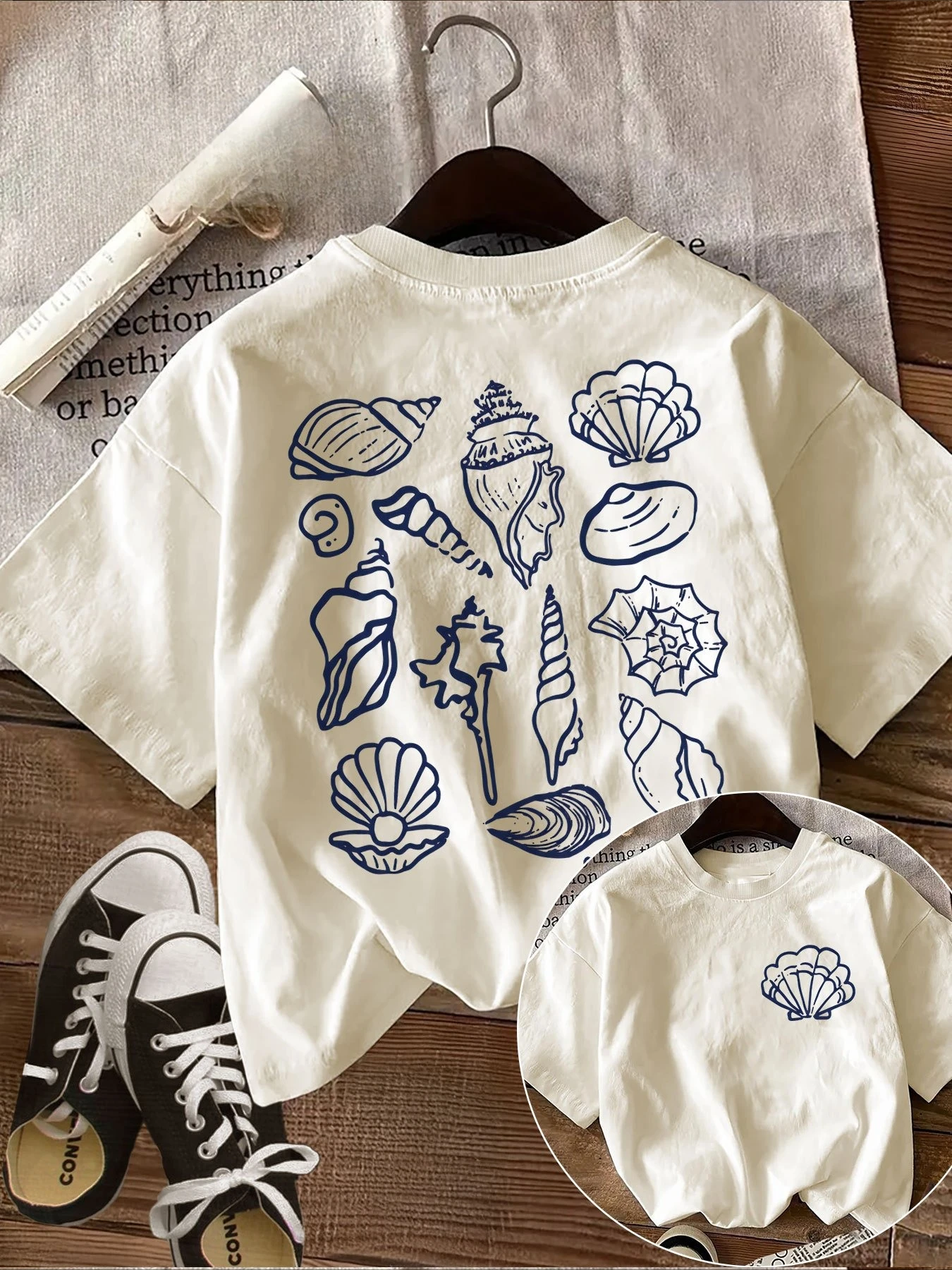 [Double-Sided Print]Summer Casual Women'S Top Hand-Drawn Style Shell Line SHELL YEAH Print Round Neck Pure Short Sleeve T-Shirt