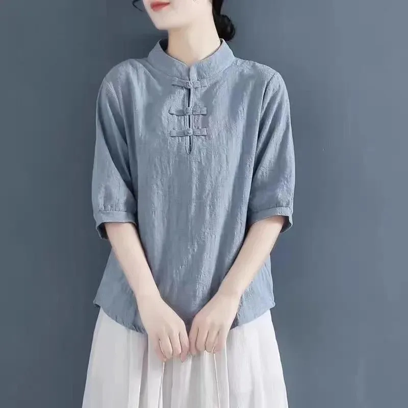 

Pure Cotton Loose T-shirt Neo-chinese Style Female Jacquard Pattern Large Size Dial Buckle Mid-sleeve Stand Collar Women's Dress