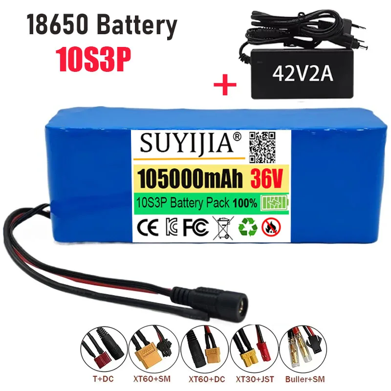 

10S3P 36V 10500mAh 18650 Rechargeable Lithium Battery Pack 500W Power Modified Bicycle Electric Scooter Vehicle BMS +42V Charger