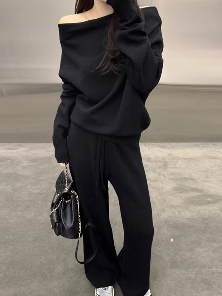 

Шикарный осенне-зимний вязаный свитер с длинным светом и высокой талией, универсальный комплект брюк Faionable Ele One oulder...