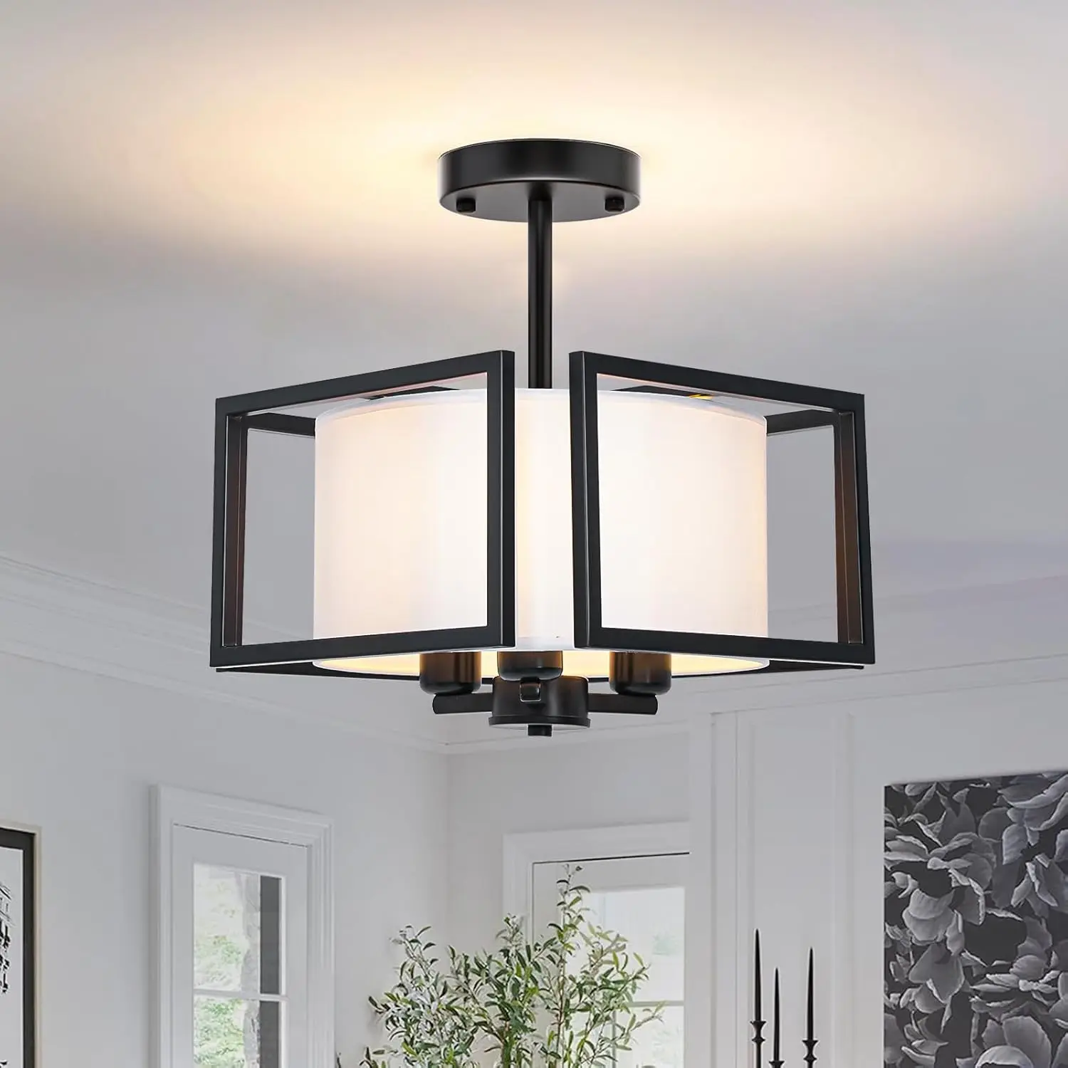

3-Light Semi Flush Mount Ceiling Light with Fabric Shade - Modern Drum Fixture for Bedroom, Hallway, Kitchen, Living Room