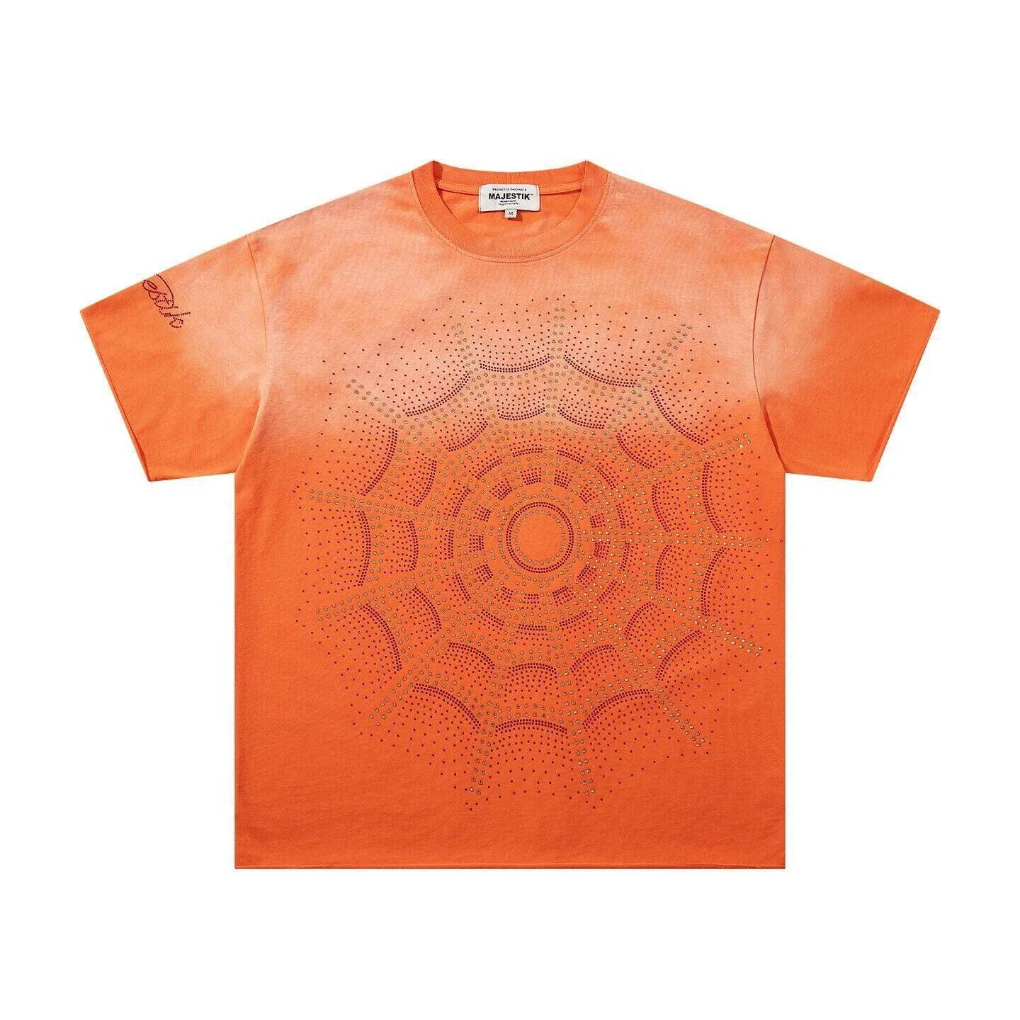 MAJESTIK Embroidered Round Diamond Ragged Washed Vintage Loosely-Fitted Trendy American Casual Short-Sleeved T-Shirt