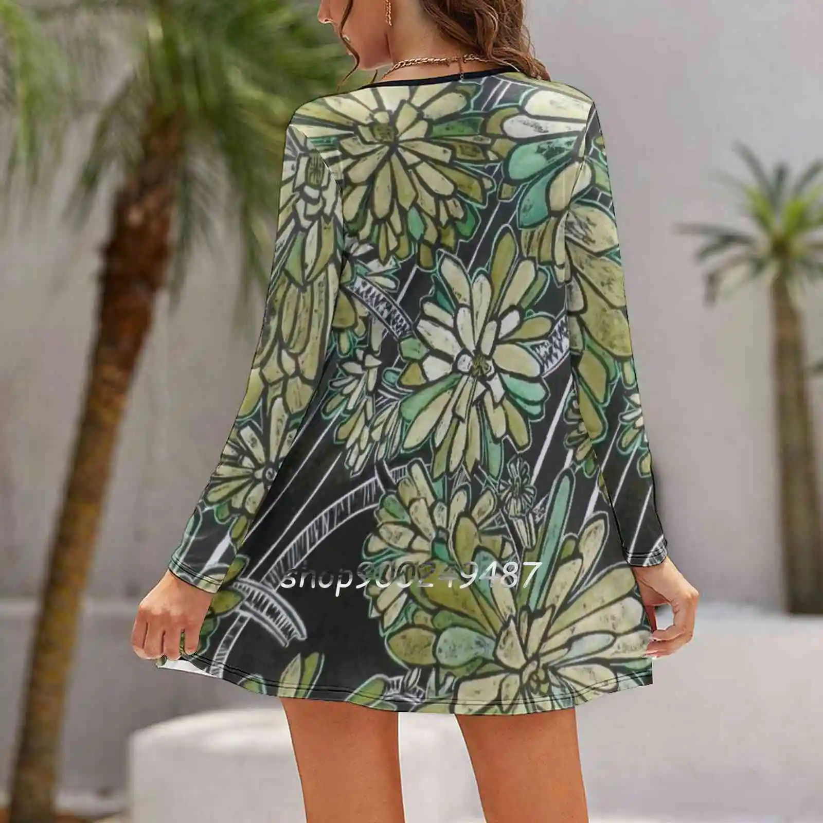 Succulent In Green Slim Dress With Hollow Waist Autumn Winter Sexy V Neck Long Sleeve Dresses Woodcut Printmaking Oak Hill