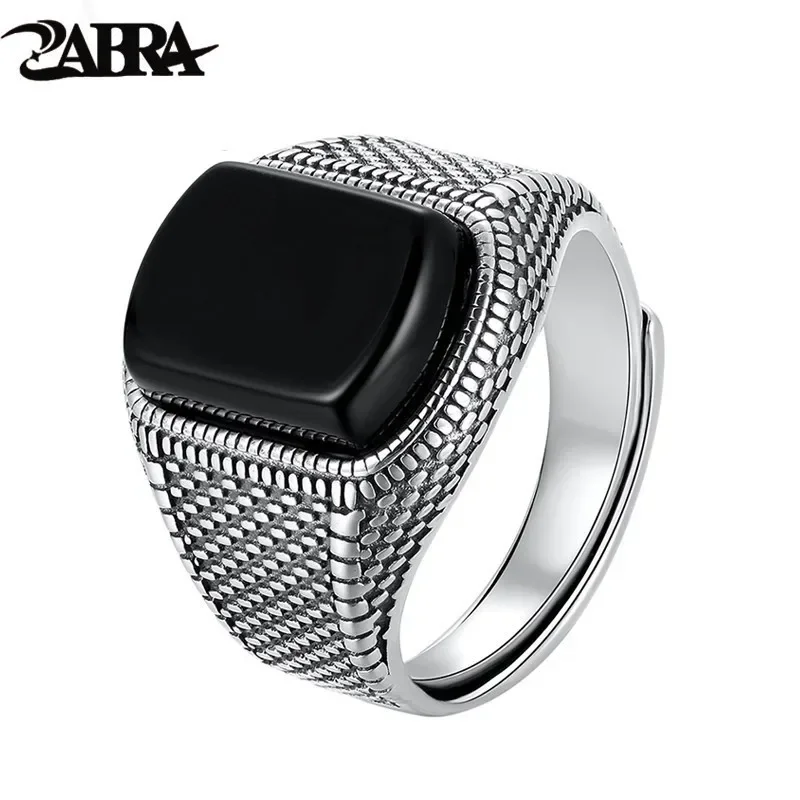 ZABRA Black Stone Ring Men Real 925 Sterling Silver Open Size Vintage Wedding Women Mens Rings Cubic Zirconia Onyx Jewelry