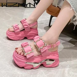 Rhinestone Sandals Fashion Womens Shoes 2024 High Heels Buckle Strap Open Toe Muffins shoe Suit Female Beige Luxury High-heeled