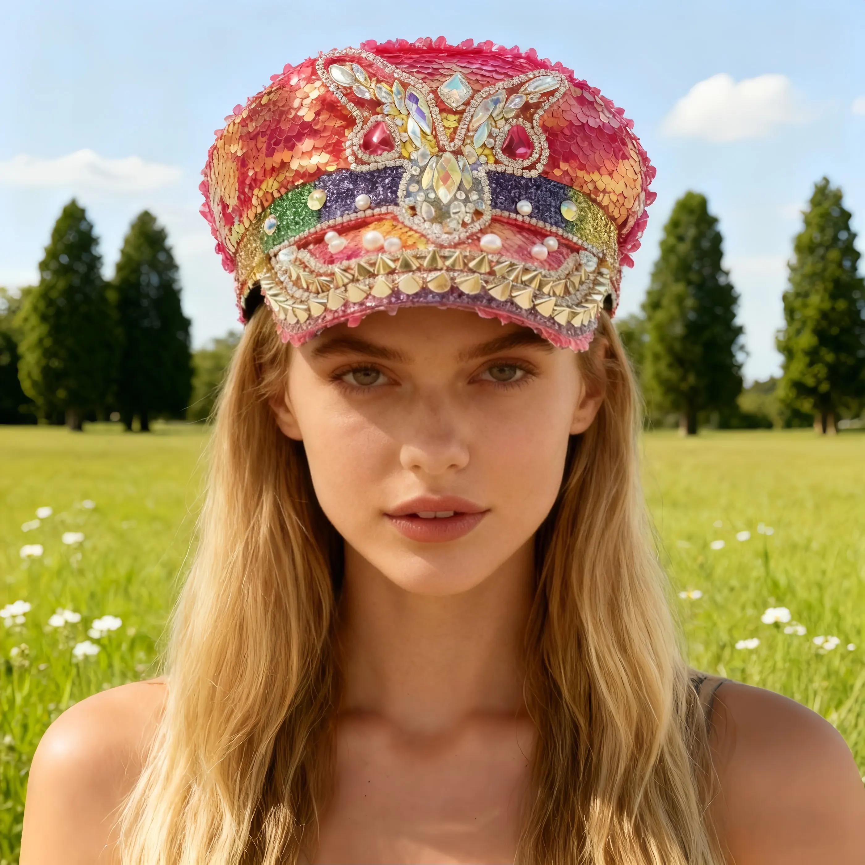 

Carnival Costume Hat Adult, Captain Hats Rhinestone for Burning Man Festival Woman, Cosplay Female Accessories