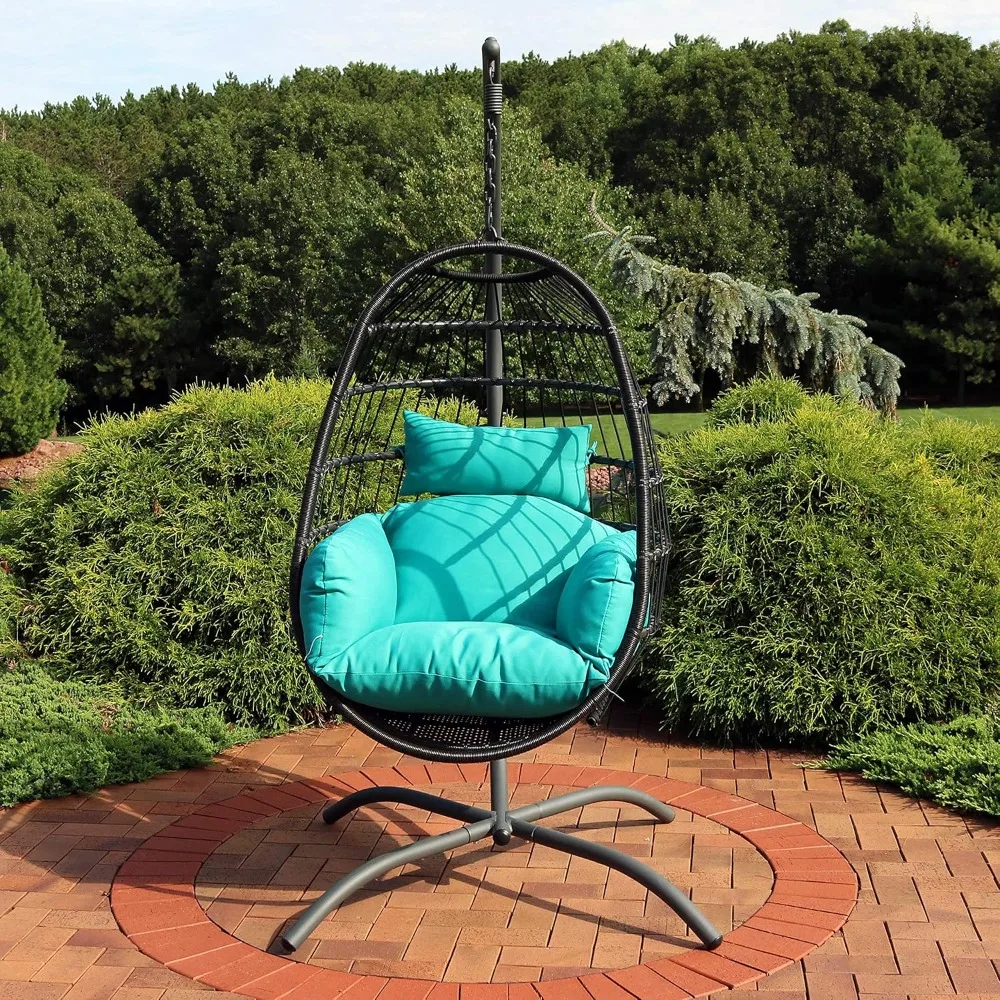 

Penelope Hanging Egg Chair with Turquoise Seat Cushions and Steel Stand - Black Wicker Chair, 78-Inch, Customized