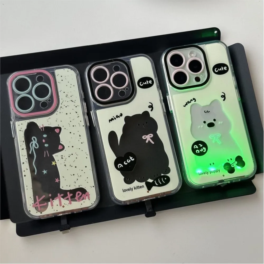 

Luxury Fluorescent lamp Kitten puppy phone case protection for iPhone 16 15 13 12 11 14 Pro Max 16 Plus Coque